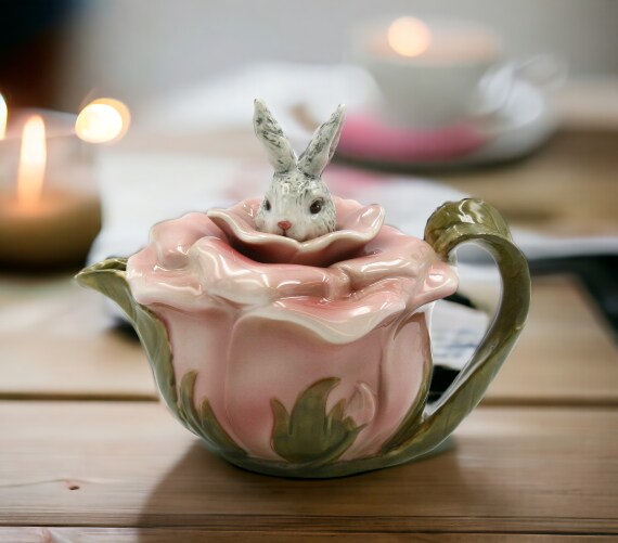Ceramic Bunny Rabbit on a Rose Teapot, Easter Decor, Gift for Mom, Tea Party Décor, Café Décor, Spring Kitchen Decor