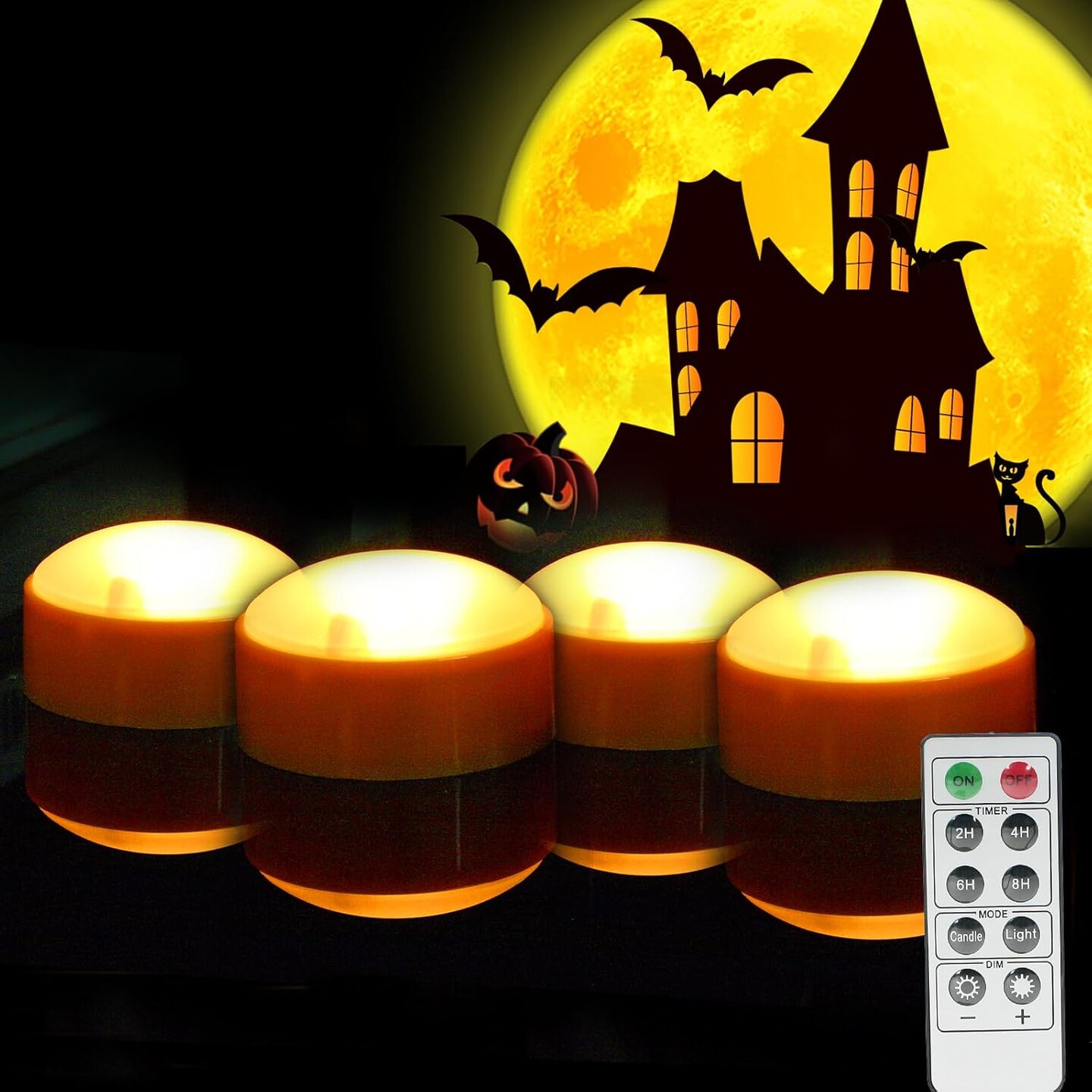 LED Pumpkin Lights with Remote and Timer – Battery Operated Flameless Candles for Halloween Pumpkin Decor, Jack-O-Lantern Party Decorations, Orange, 4 Pack
