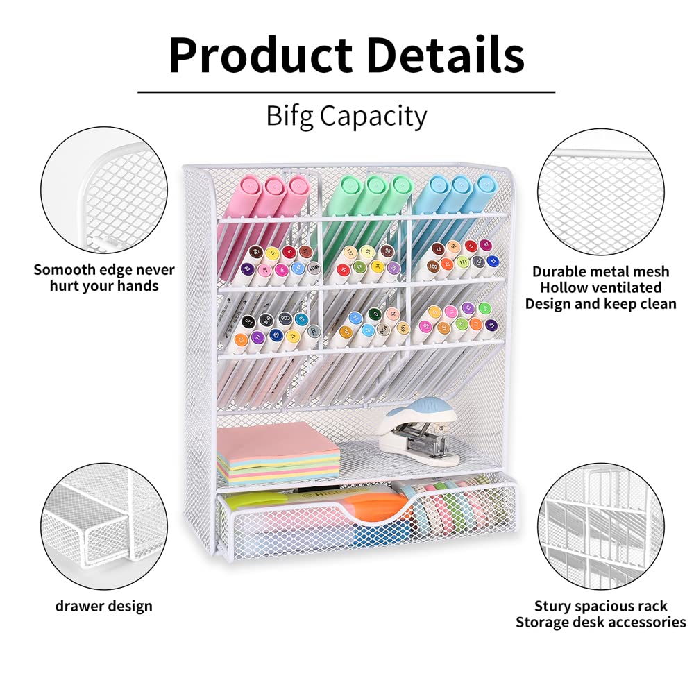Spacrea Pen Holder Desk Organizer - Desk Organizers and Accessories, Pencil Holder with 10 Compartments and 1 Drawer&#xFF08;White&#xFF09;