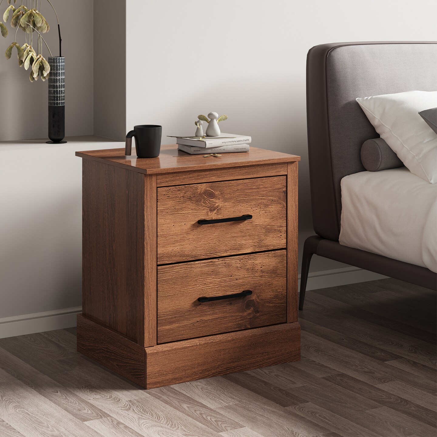 Costway 2 Drawer Nightstand Bedside Table Compact Sofa End Table Dark Grey Oak/Walnut