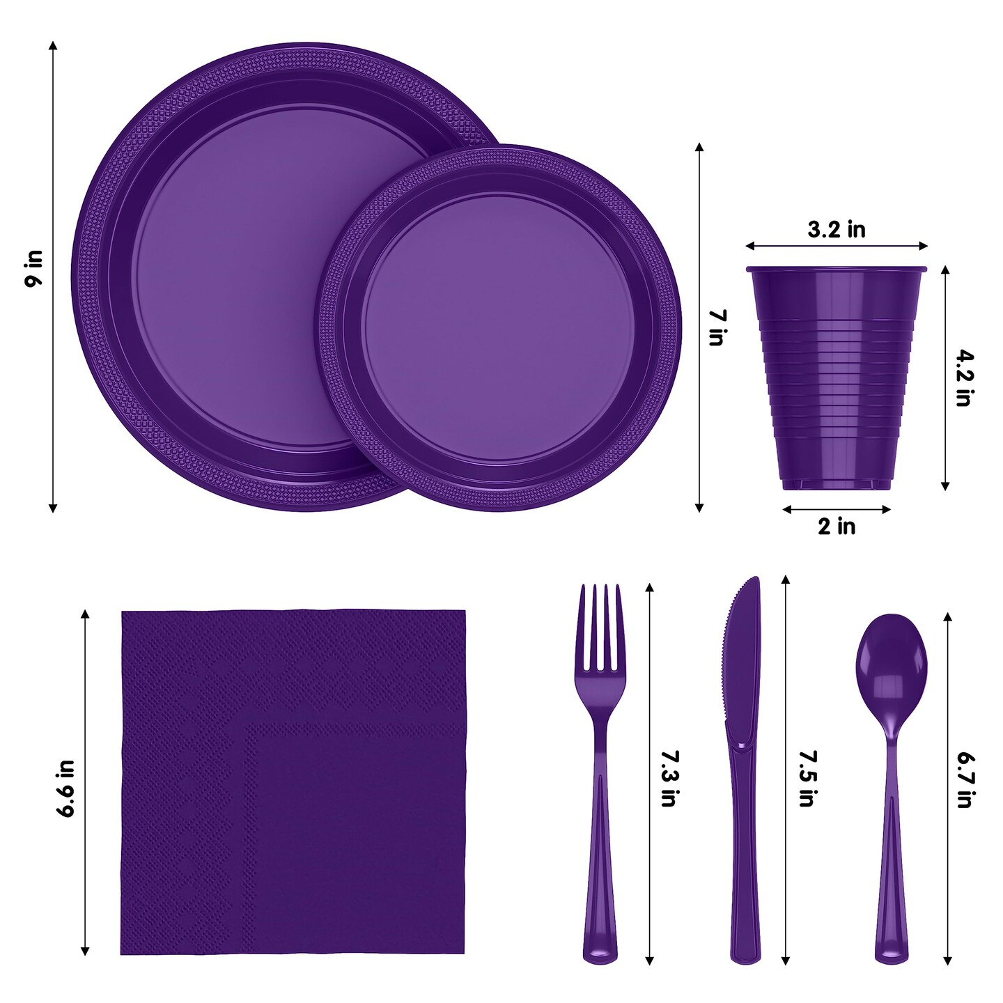 Exquisite 350 Pcs Plastic Plates for Party &#x2013; Disposable Plates Set &#x2013; 50 Each of 9&#x22; Dinner Plates, 7&#x22; Dessert Plates, Plastic Cups, Napkins &#x26; Plastic Cutlery &#x2013; Plastic Dinnerware by Party Solids