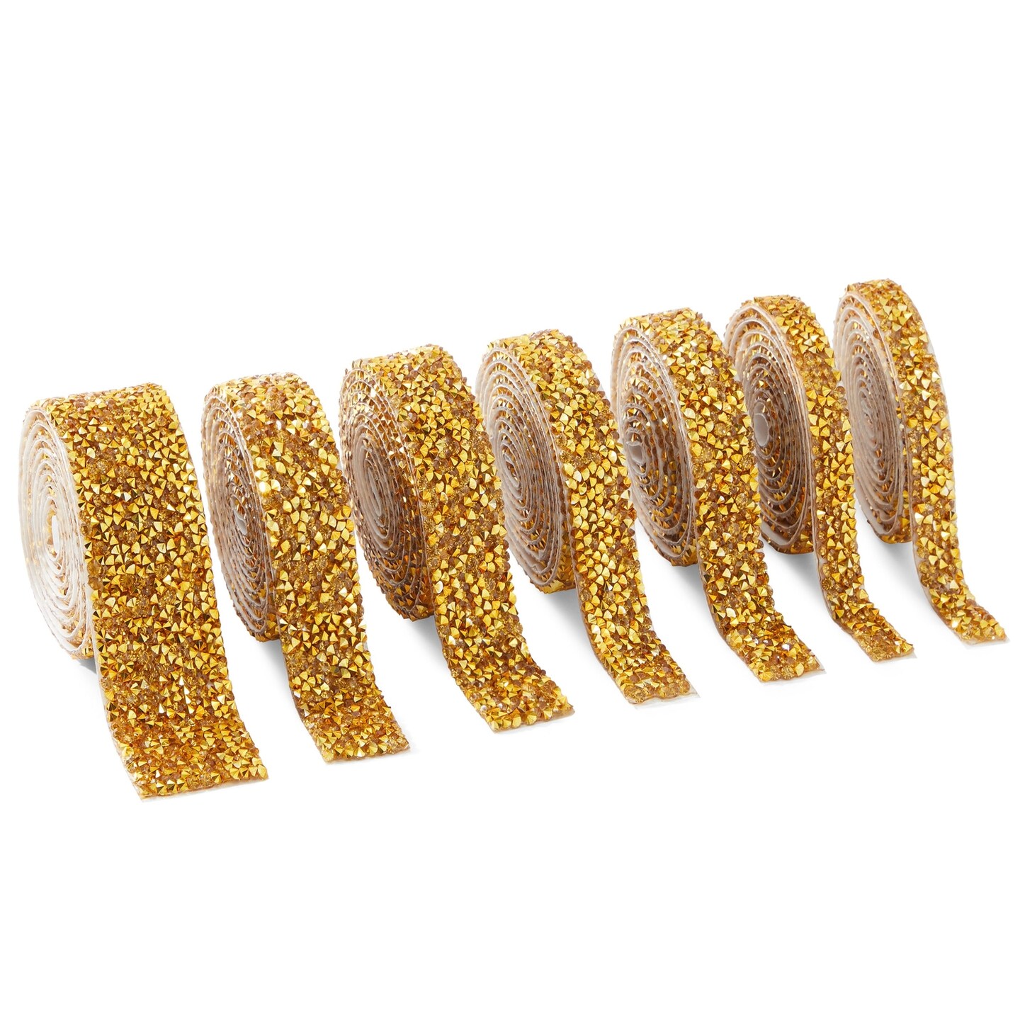7 Rolls Crystal Rhinestone Adhesive Strips for Crafts, Decor, Gifts (4 Sizes, Gold)