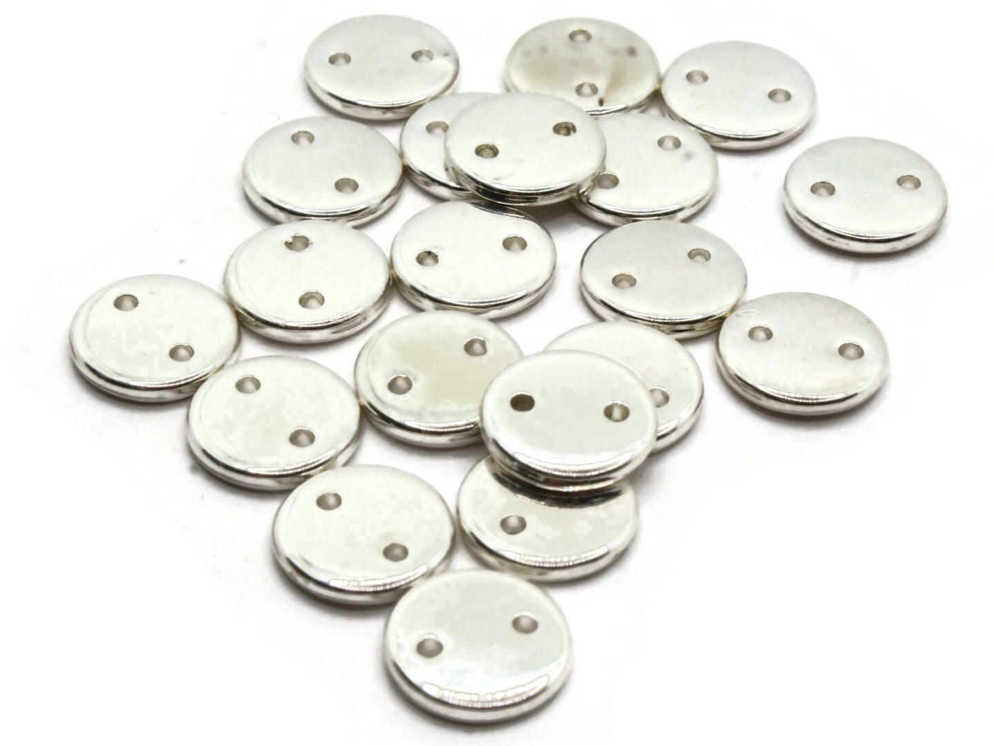 20 11mm Flat Round Two Hole Disc Beads Vintage Silver Plated Plastic Beads