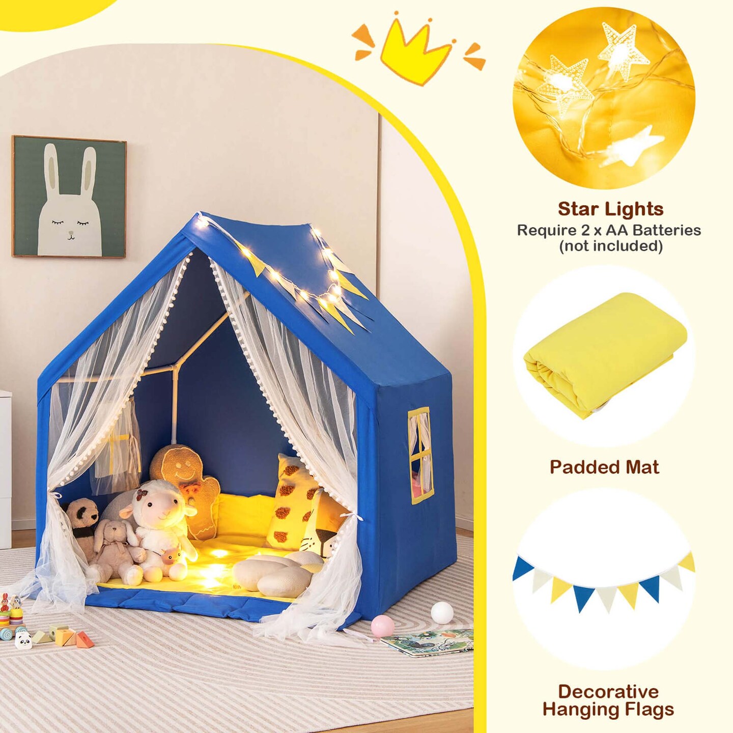 Costway Large Play Tent  Kids &#x26; Toddlers Playhouse with Washable Cotton Mat, Star Lights