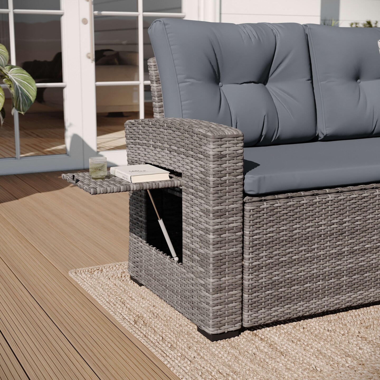 Merrick Lane Shelton Indoor/Outdoor L-Shaped Sofa/Dining Table Conversation Set with Wicker Rattan Construction and Weather-Resistant Cushions