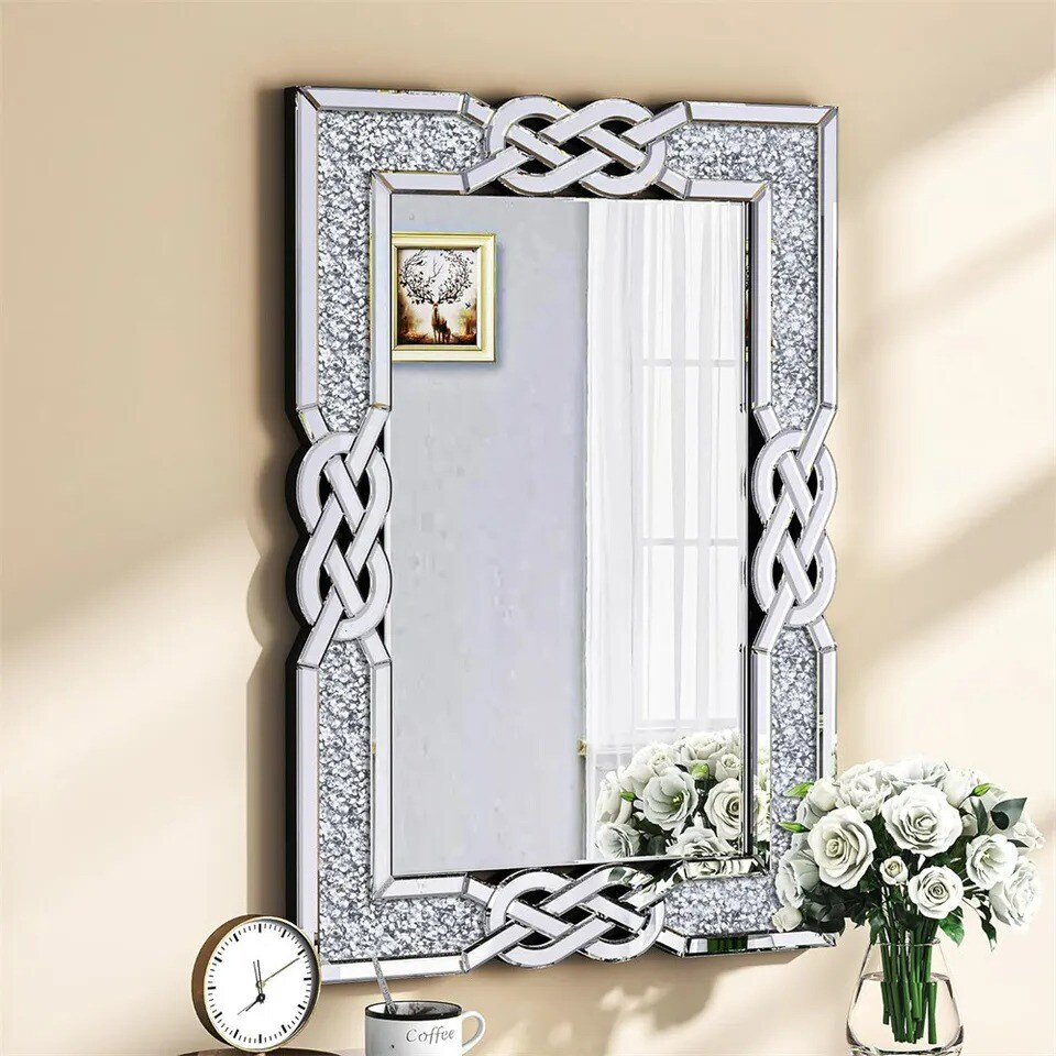 Large Crystal Crush Diamond Mirror Rectangular Silver Mirrors for Wall Decor