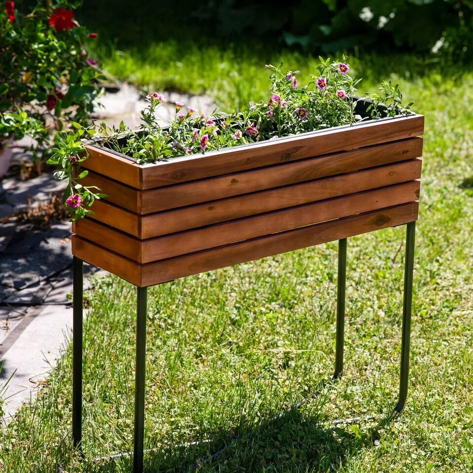 Acacia Wood Slatted Planter Box with Oil-Stained Finish