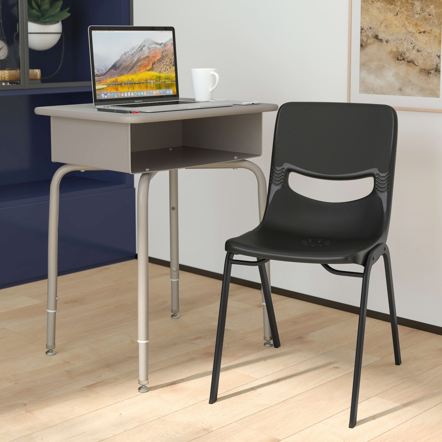 Emma and Oliver Jacobs Desk/Chair Set with Metal Open Front Storage Box, Desktop, Metal Frame and Stackable Flex Comfort Classroom Chair