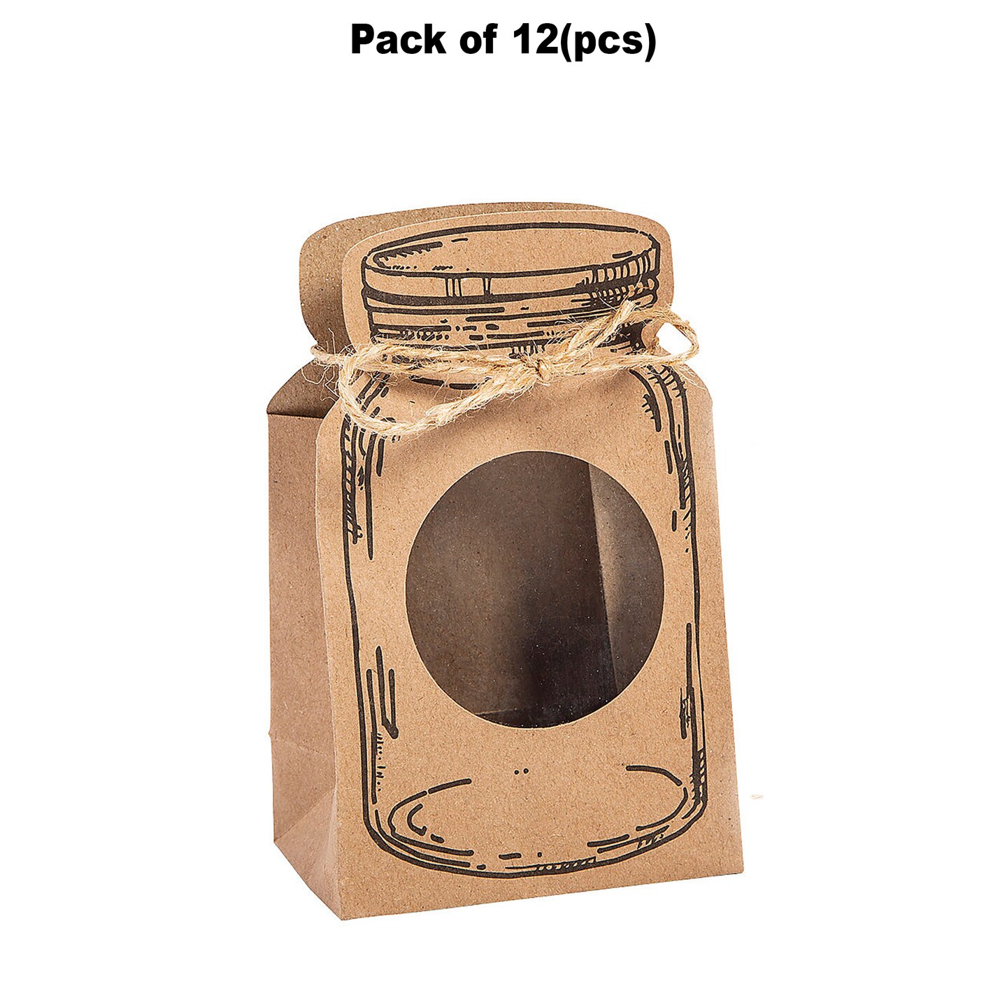 3 1/4&#x22; x 5 1/4&#x22; Mini Kraft Paper Mason Jar-Shaped Treat Bags with Cellophane Window - 12 Pc.