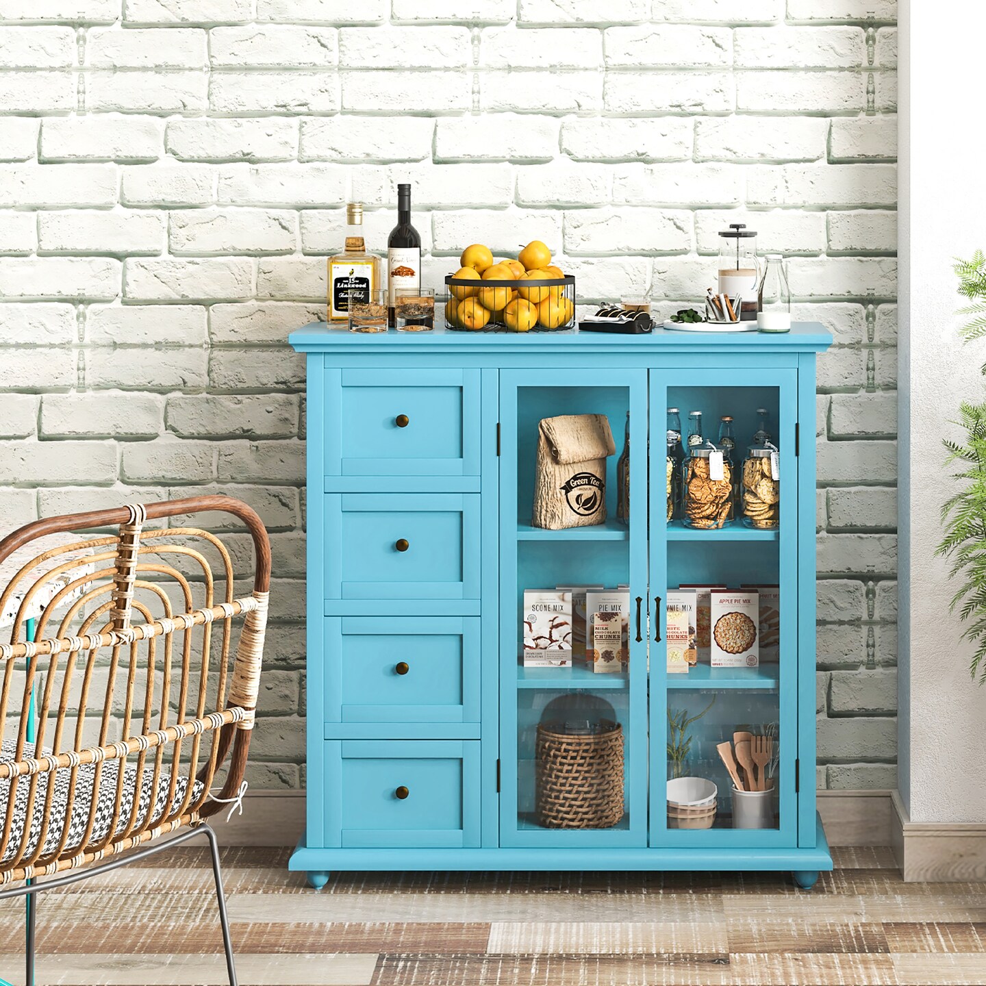 Costway Buffet Sideboard Table Kitchen Storage Cabinet with Drawers & Doors Blue/White/Green