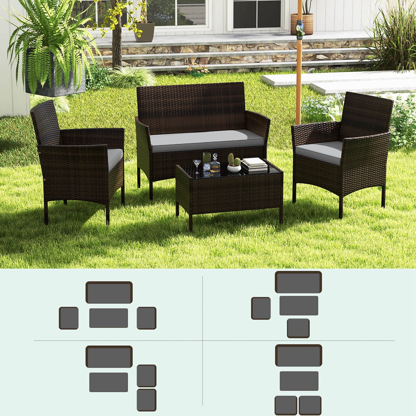 Costway 4 PCS Patio Furniture Set with Washable Cushions and Tempered Glass Coffee Table Beige/Black/Navy/Grey/Turquoise/Red/Blue/Orange