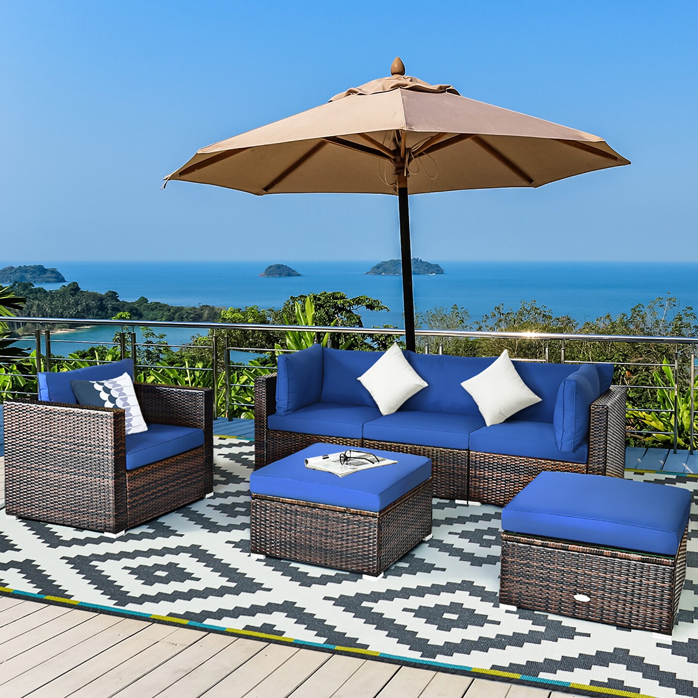 Costway 6PCS Patio Rattan Sectional   Furniture Set Sofa Coffee Table Ottoman Navy
