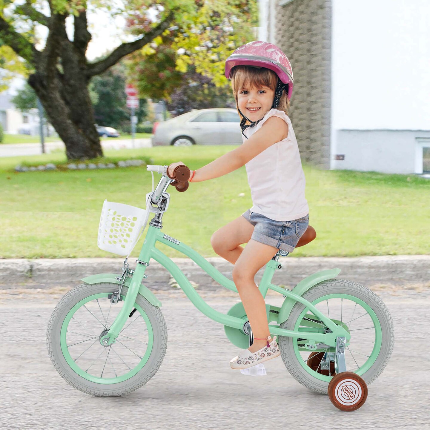 Costway 14&#x27;&#x27; Kid&#x27;s Bike with Removable Training Wheels &#x26; Basket for 3-5 Years Old Pink/Blue/Green/Beige/Purple/Light Blue
