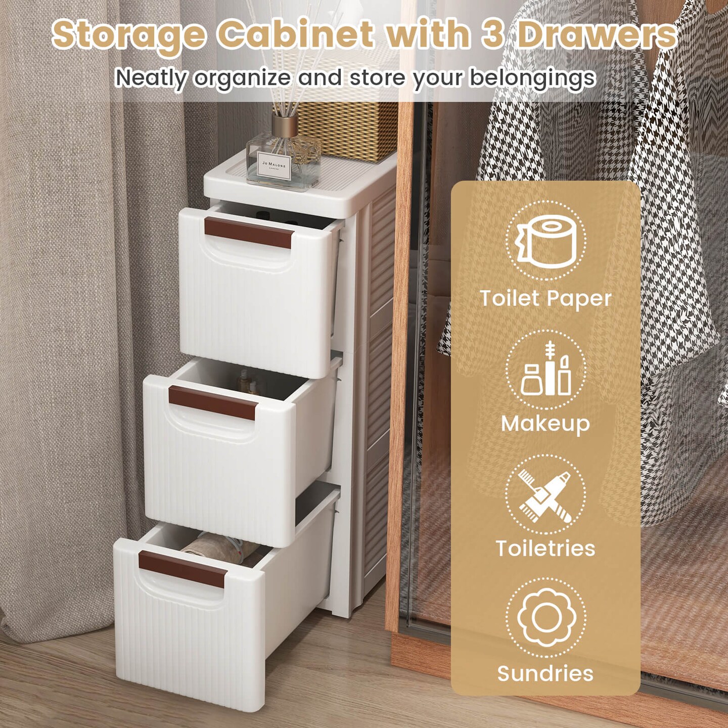 Costway 1/2 PCS 3-Drawer Narrow Rolling Storage Cabinet with Pull Handles Built-in Wheels