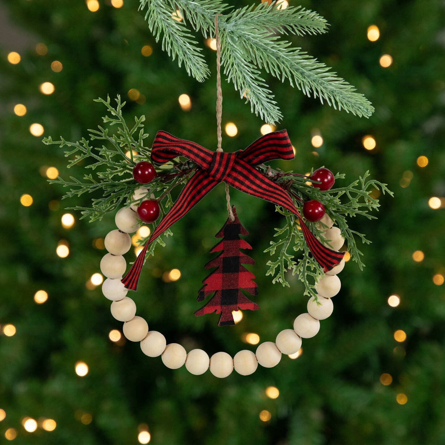 Northlight Buffalo Plaid Tree and Bow Wooden Beaded Christmas Wreath Ornament - 5.5"