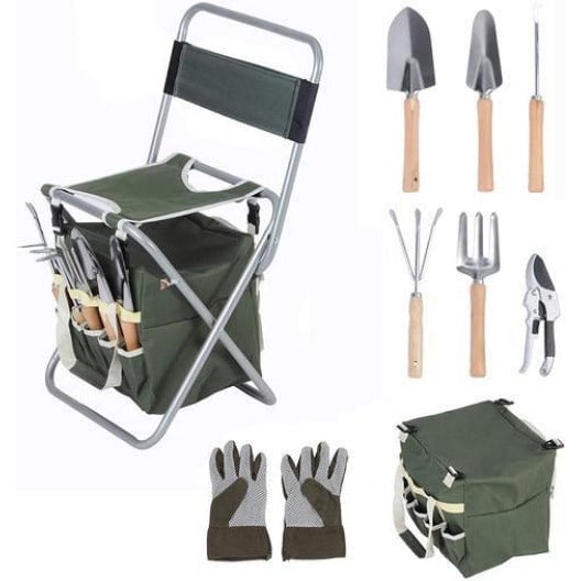 9 Pcs Garden Tools Set Ergonomic Wooden Handle Sturdy Stool With Detachable Tool Kit Perfect For Different Kinds Of