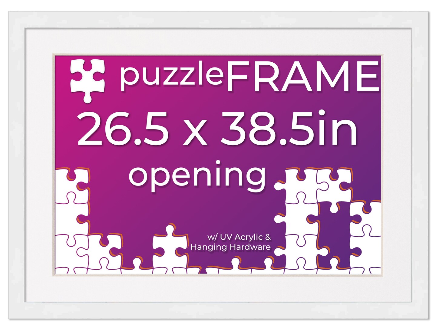 White Wood Puzzle Frame Kit with Glue Sheets, White Mat, Backing, UV Acrylic - Available in 20 Popular Sizes