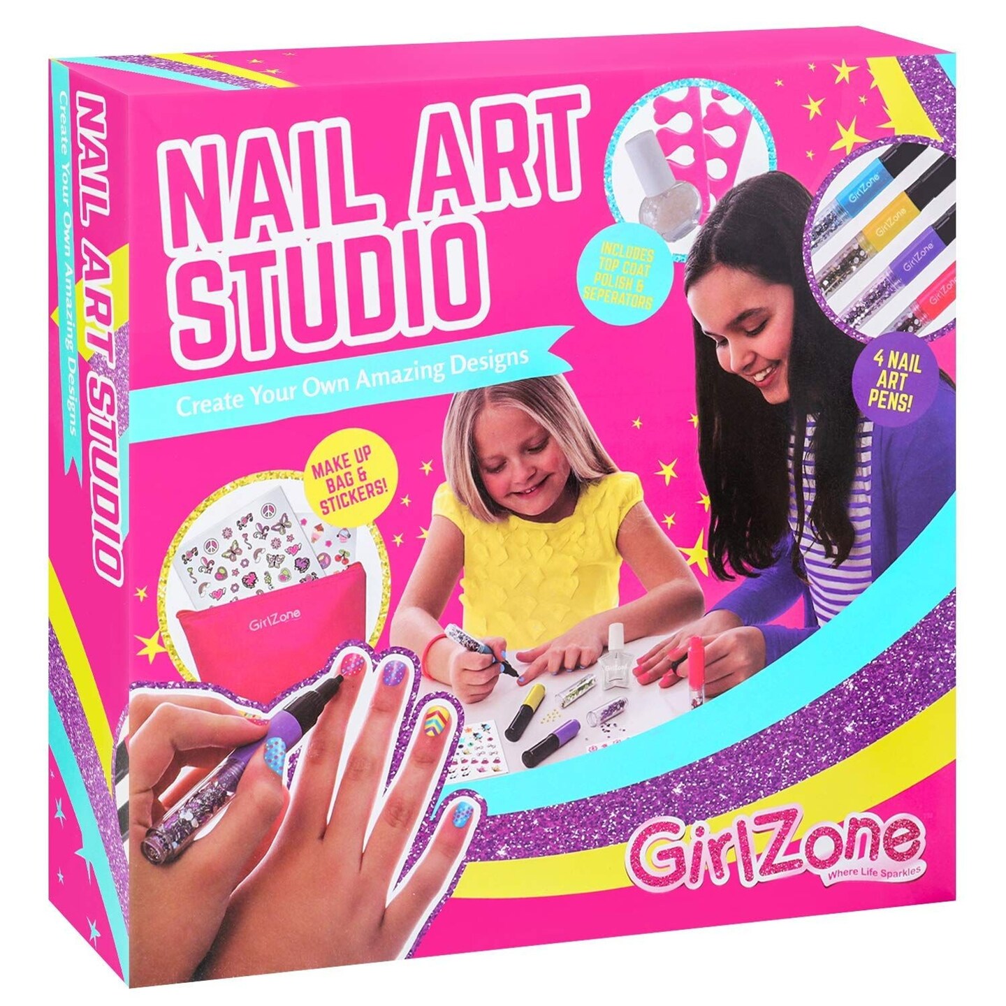 GirlZone Kids Nail Polish Set, Nail Art Studio with 4 Colorful Polish Pens, Glitter, Stickers, Makeup Bag for Girls, Fun Dress Up Toys for Birthday Parties