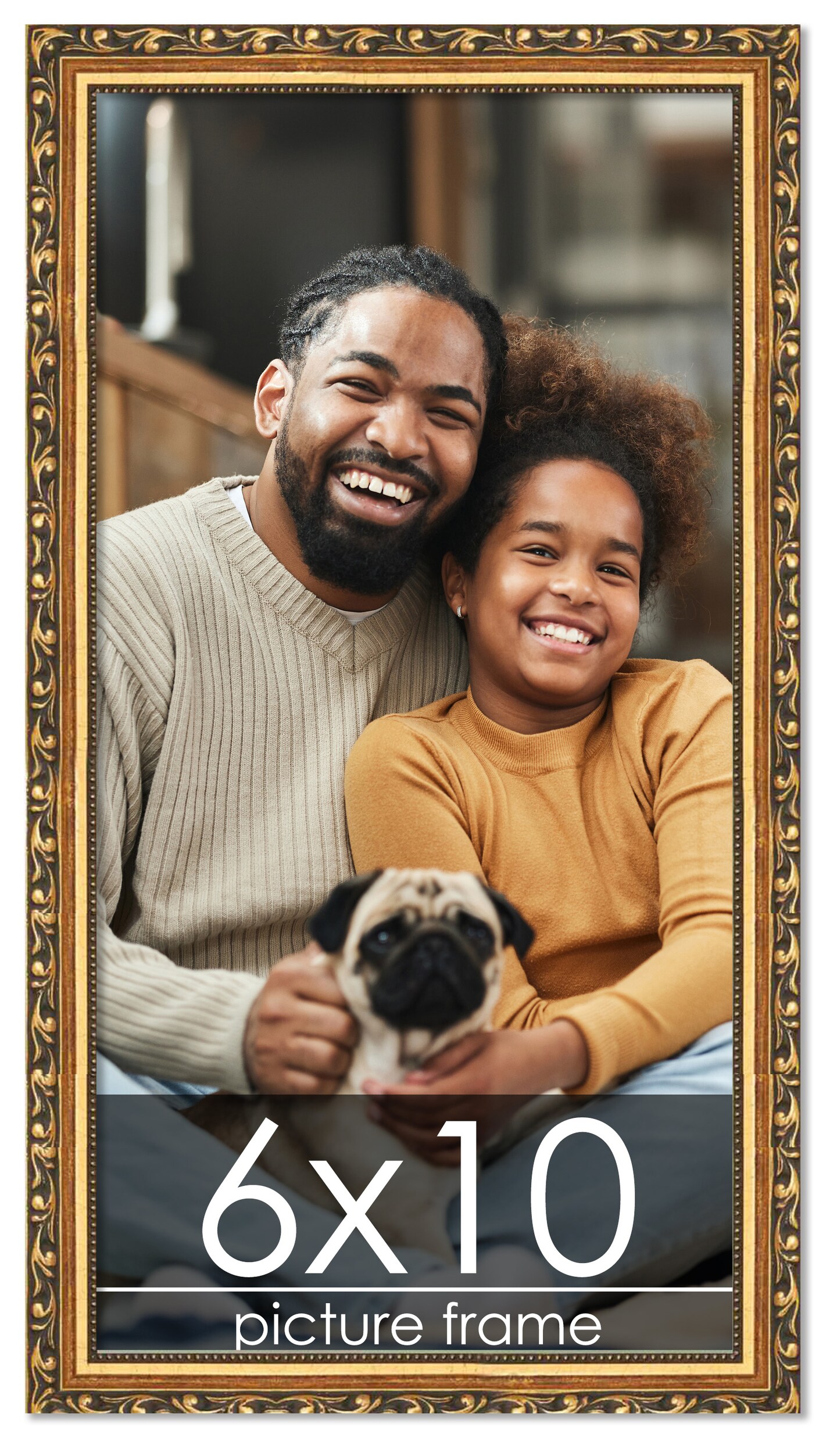6x10 Solid Wood Antique Picture Frame with UV-Resistant Acrylic &#x26; Acid-Free Backing, Available in 4 Finishes: Bronze, Gold, Silver, and Gold with Black