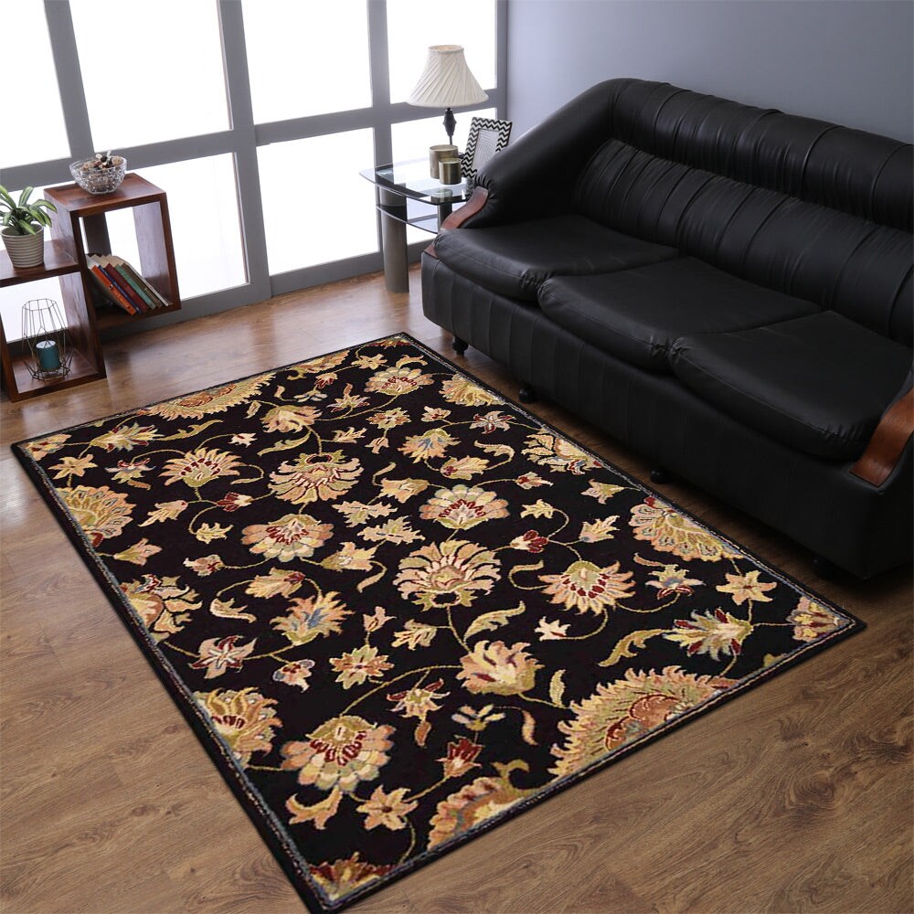 Hand Tufted Wool Area Rug Black K00653 Eco-Friendly Soft High-Pile 5X7