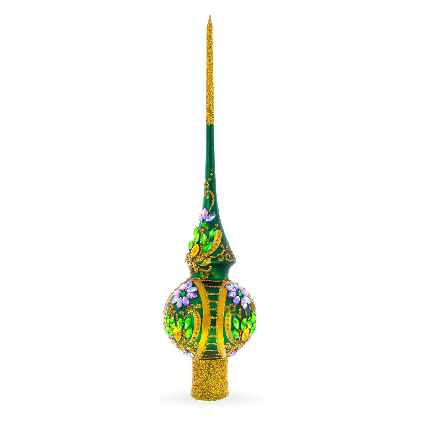 Enchanted Emerald Jeweled Green Blown Glass Christmas Tree Topper 11 Inches