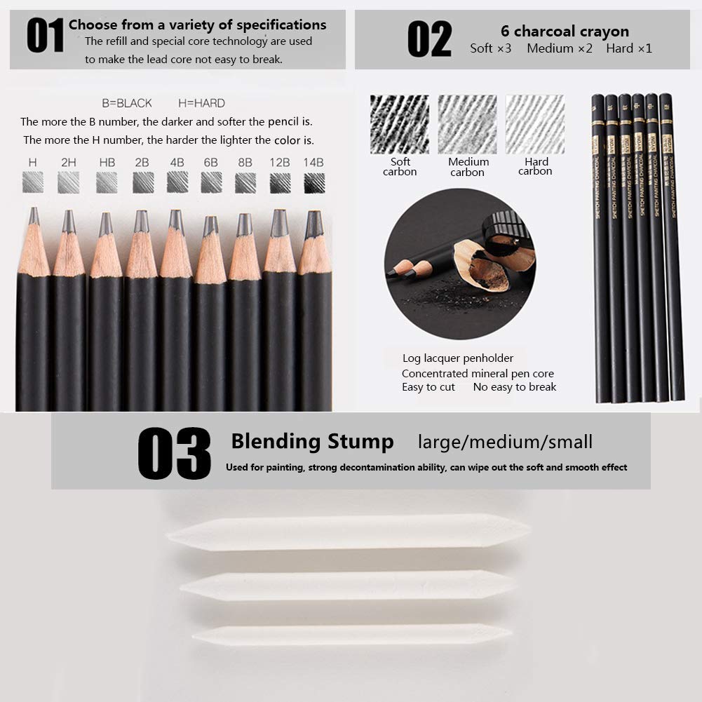 29 Pieces Sketching Pencils Set, Metal Box Packaging, Including Graphite Pencils&#x3001;Charcoal Pencils&#x3001;Blending Stumps and other tools for drawing (A set).