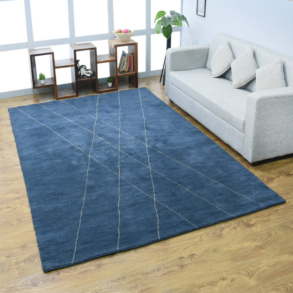 Rugsotic Hand Knotted Wool Area Rug 6X9 Geometric Blue Beige L00645