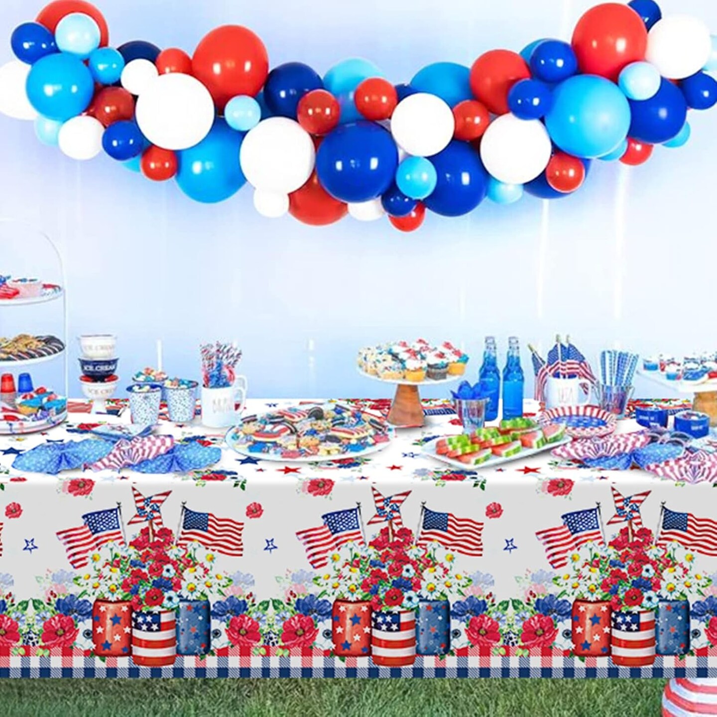 3 Pack 4th of July Tablecloth Decorations, Vase Flower Patriotic Plastic Table Cover