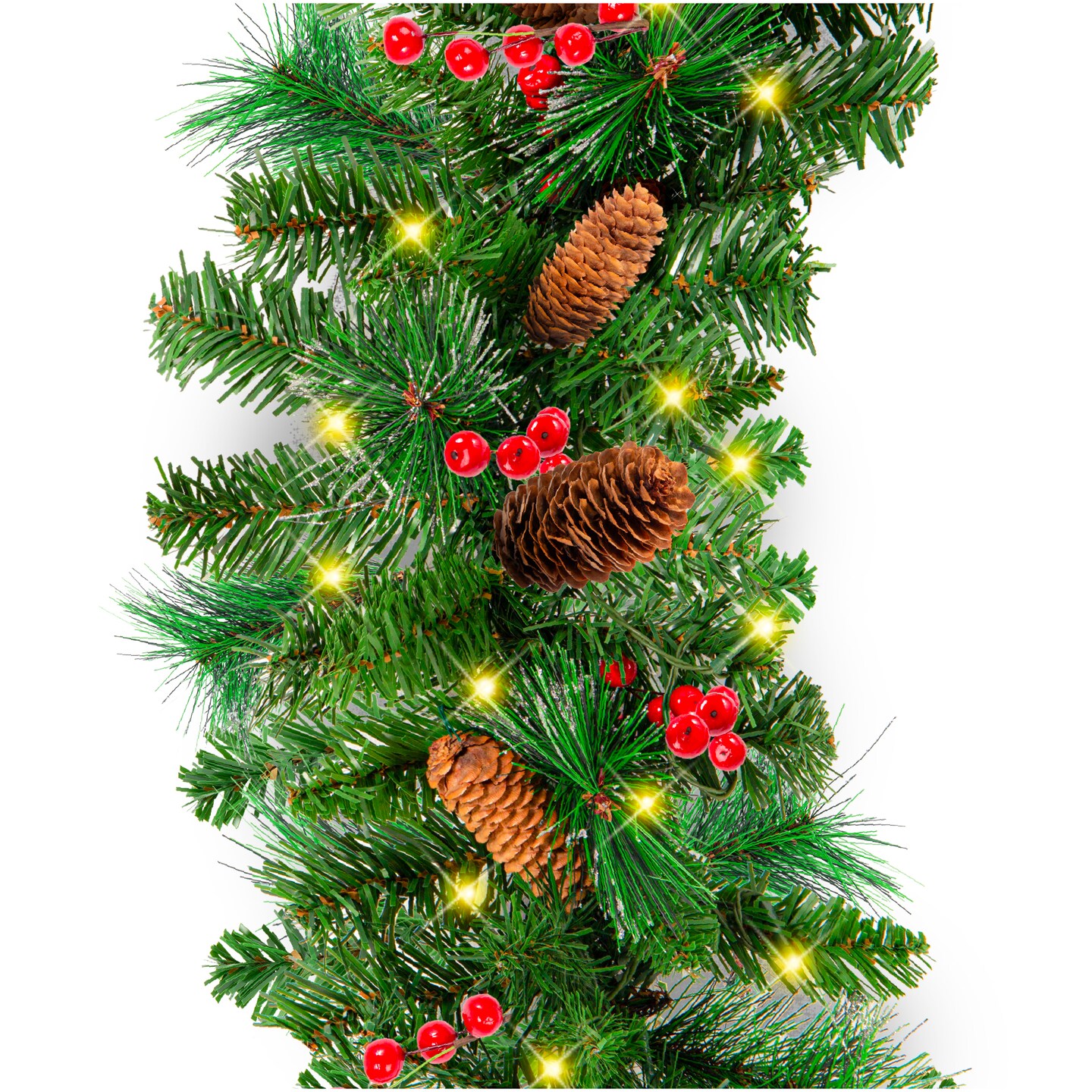 Best Choice Products 9ft Pre-Lit Pre-Decorated Garland w/ PVC Branch Tips, 50 LED Lights, Pine Cones, Berries