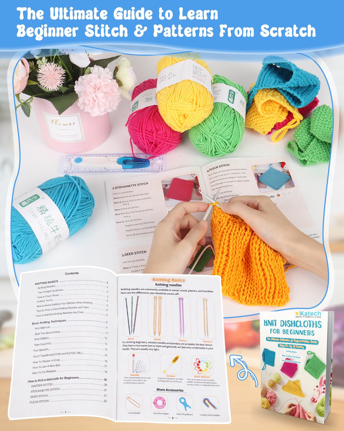 Katech Knitting Kit for Beginners - Learn to Knit Dishcloth - Adults &#x26; Kids Knitting Kit with Knitting Book, Needles, Yarn, Yarn Needle, Craft Kits Gift (Beginner to Expert)