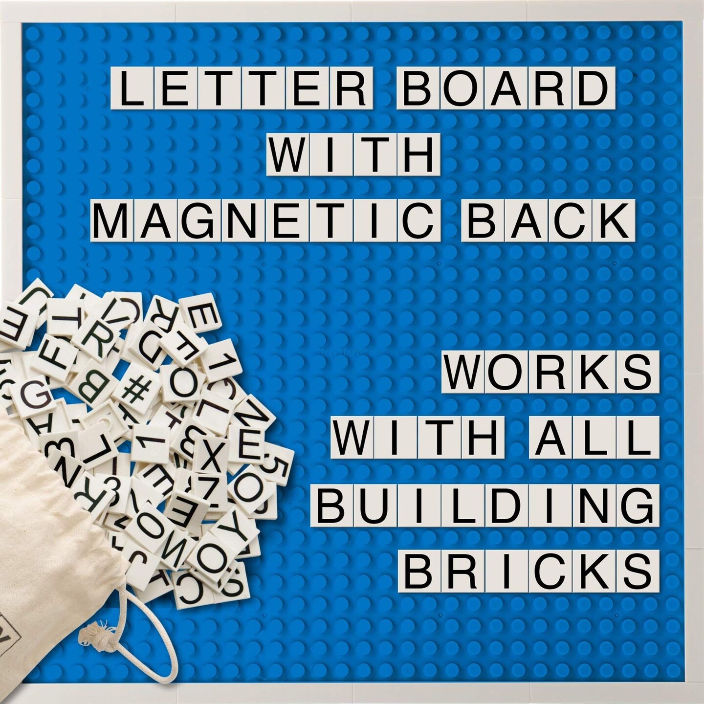 Creative QT Brick Building Letter Board, Blue, 10x10 Inches, Over 285 Story Bricks, Letters, and Symbols, Changeable Brick Message Board with Magnetic Backing