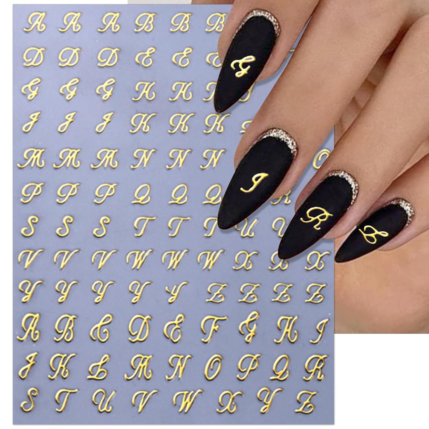 10 Sheets Old English Letter Nail Art Stickers, 3D Handwritten Alphabet Nail Decals for Acrylic Nails, Colorful Self-Adhesive Initial Nail Charms for DIY Manicures