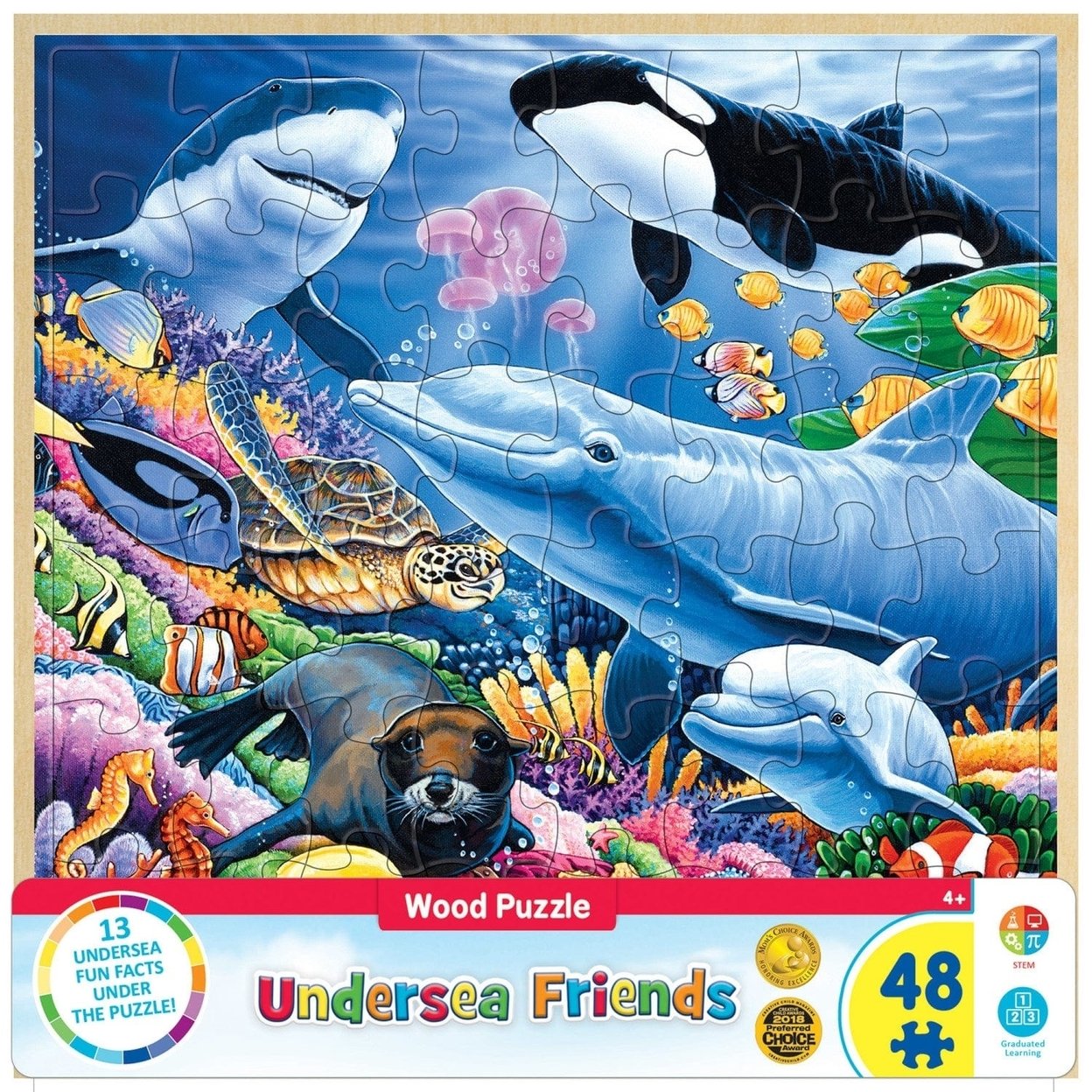 Undersea Friends 48 Piece Jigsaw Puzzle Wood Fun Facts 11X11 Explore Ocean Life