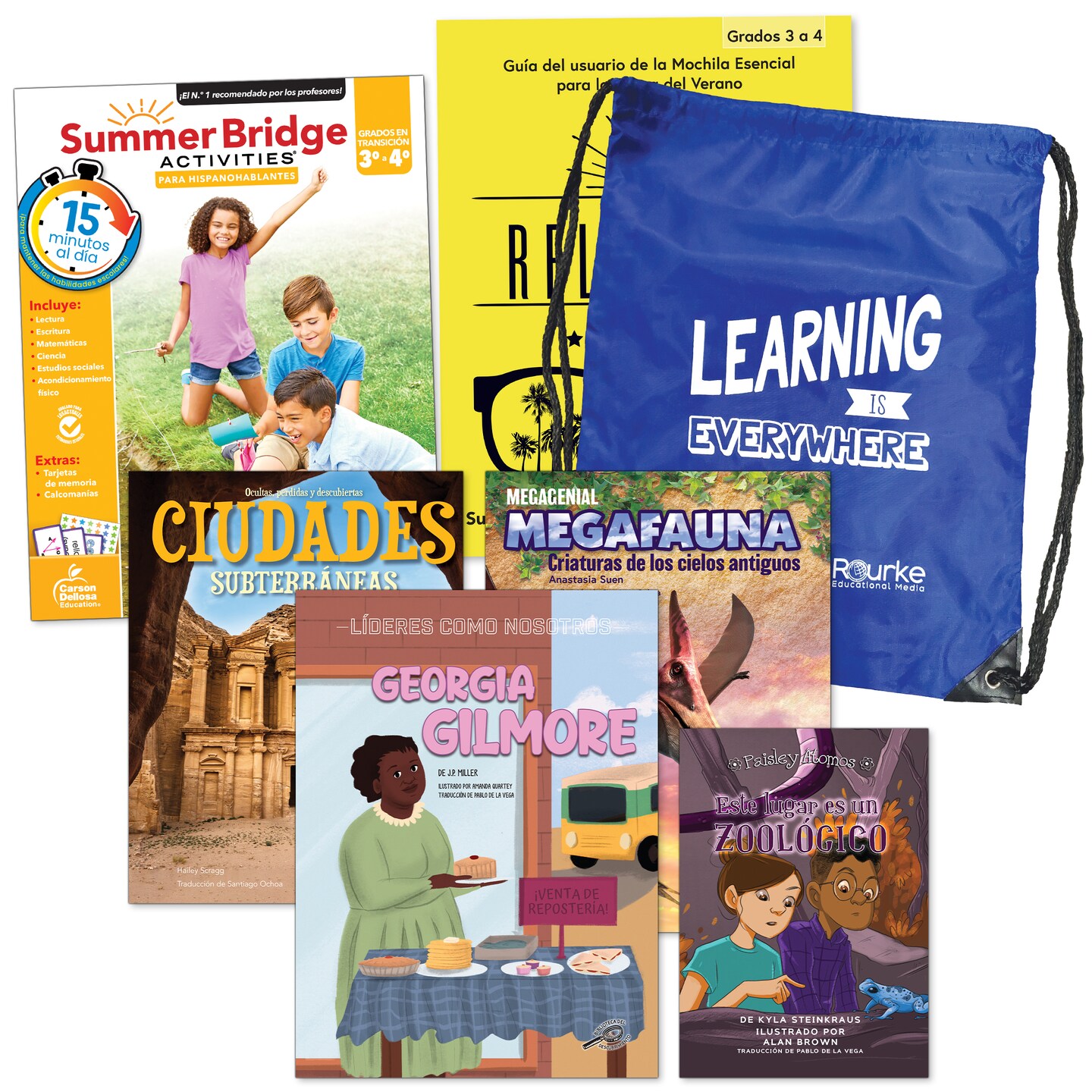 Summer Bridge Activities Grades 3-4 Spanish Summer Learning Backpack, Spanish Language 3rd Grade to 4th Grade Workbook All Subjects, Flash Cards, and Nonfiction & Fiction Children's Books