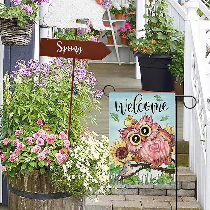 Welcome Spring Summer Pink Owl Bird Garden Flag Double Sided, Sunflower Branches Decorative Yard Outdoor Home Small Decor, Seasonal Burlap Outside House Decoration 12 x 18