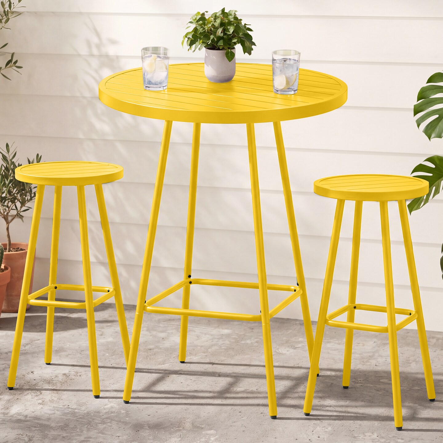 Best Choice Products 3-Piece Steel Patio Bar Height Round Bistro Set w/ Backless Stools, Slatted Design