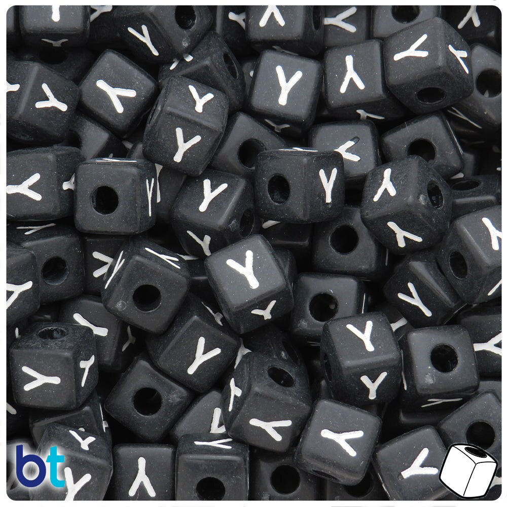 BeadTin Black Opaque 10mm Cube Plastic Alpha Beads - White Letter Y (20pcs)