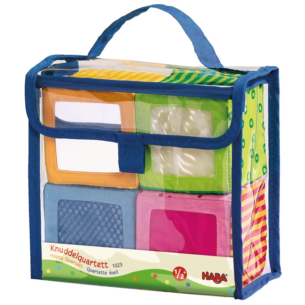 HABA Soft Blocks for Babies 6-12 Months, Happy Quartett Sensory Toy Features a Unique Sound &#x26; Texture in All 4 Baby Blocks