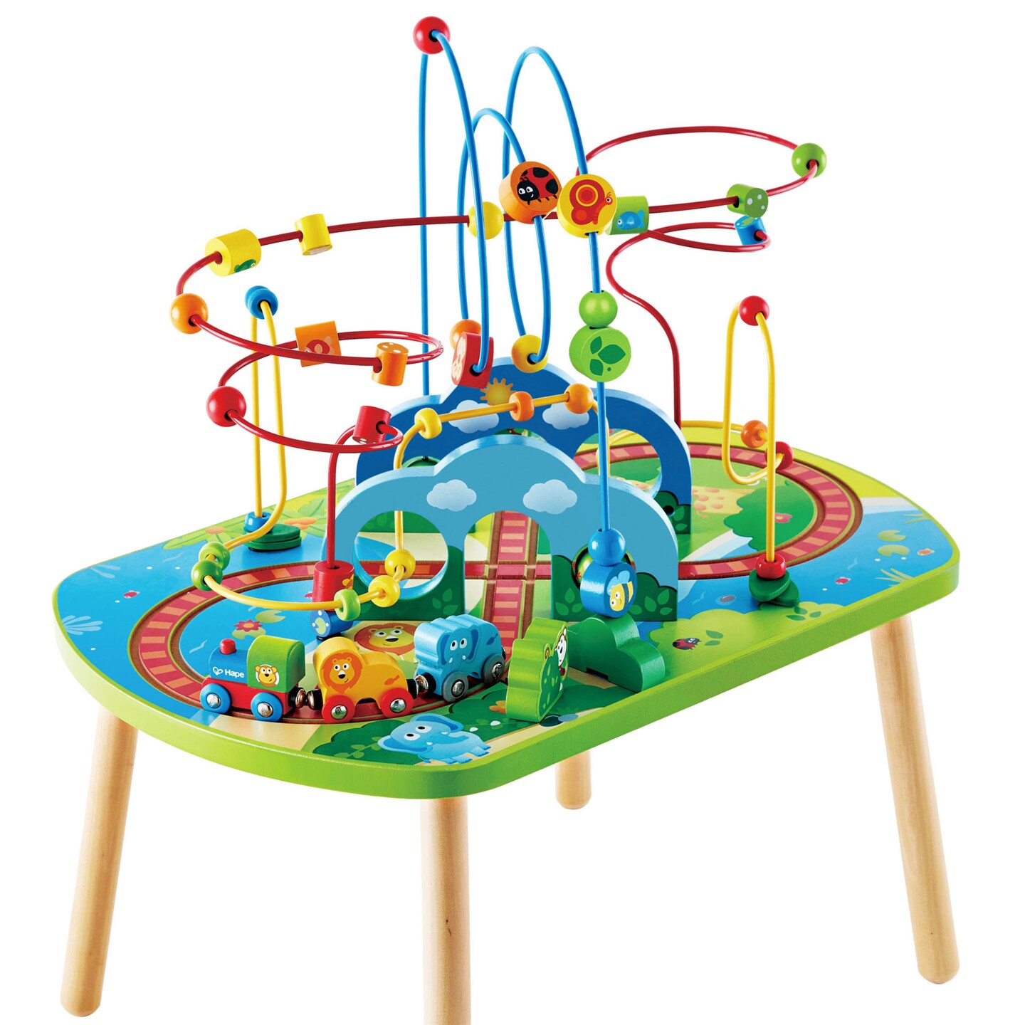 Hape Jungle Adventure Wooden Bead Maze & Railway Train Track Play Table for Toddlers