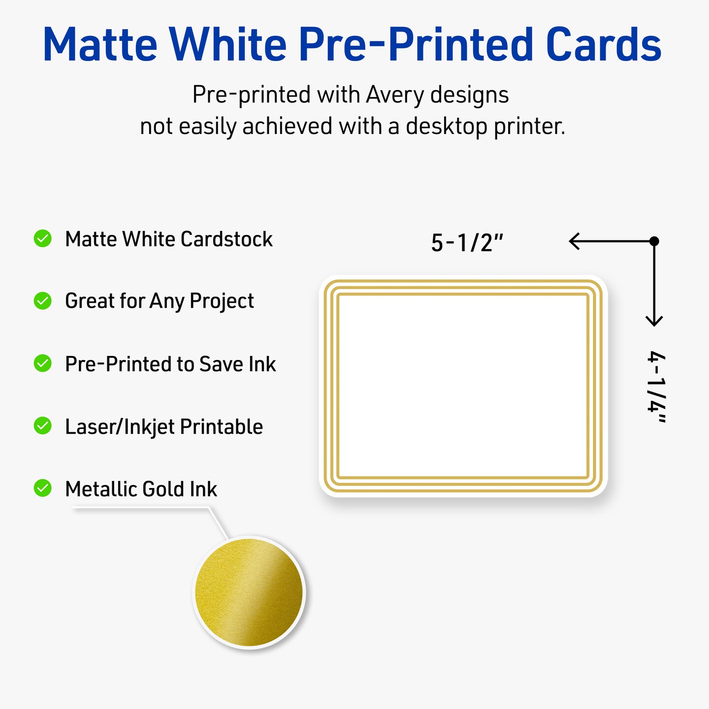 Avery Printable Rectangle Postcards with Rounded Corners, Gold Multi-Lined Border, 4.25&#x22; x 5.5&#x22;, Matte White Rectangle Postcards with Rounded Corners, Laser/Inkjet, 20ct, Great for Postcards
