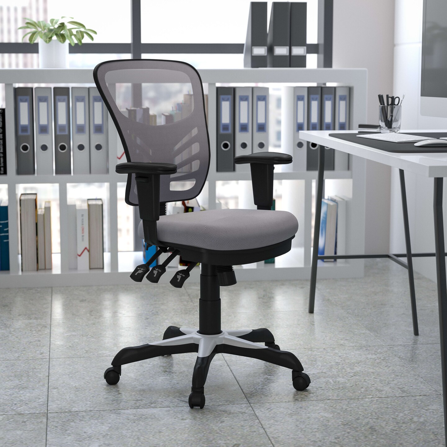 Emma and Oliver Mid-Back Mesh Triple Paddle Swivel Ergonomic Office Chair with Adjustable Arms