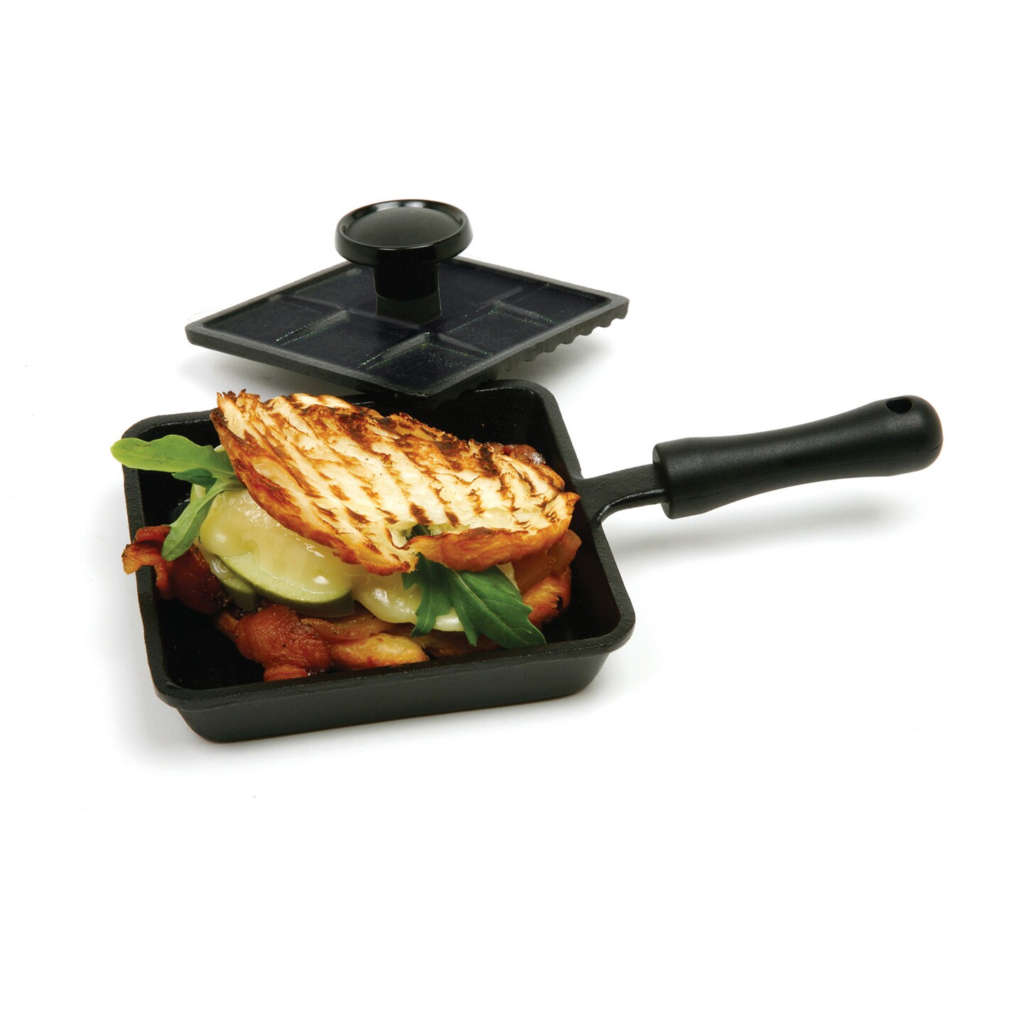 Norpro Pre-Seasoned Cast Iron Mini Panini Pan with Press, Black