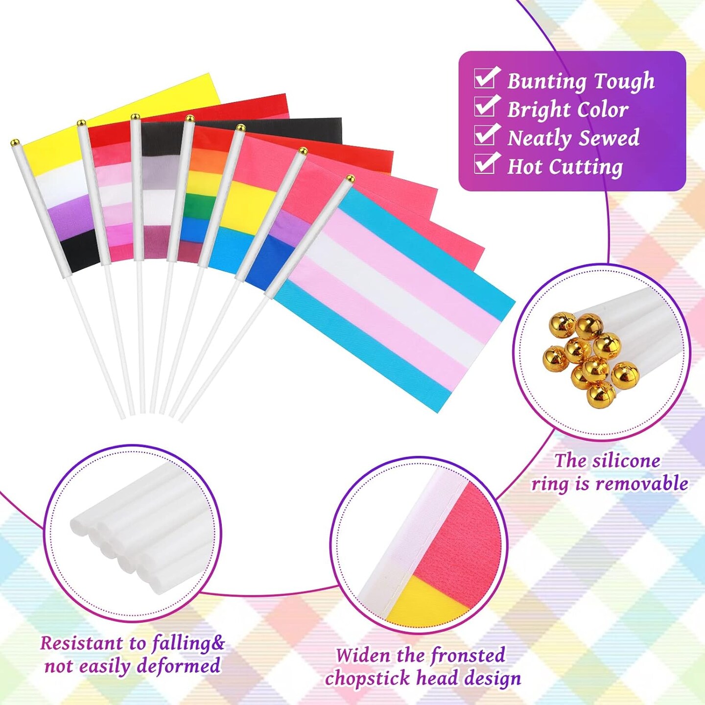 200 Pcs Rainbow Pride Flag Set Small Mini Gay Hand Held Pansexual Bisexual Trans Lesbian Flag Fade Resistant and Vivid Colors for Nonbinary Asexual LGBT Party Decorations, 5.5 x 8.3 Inch