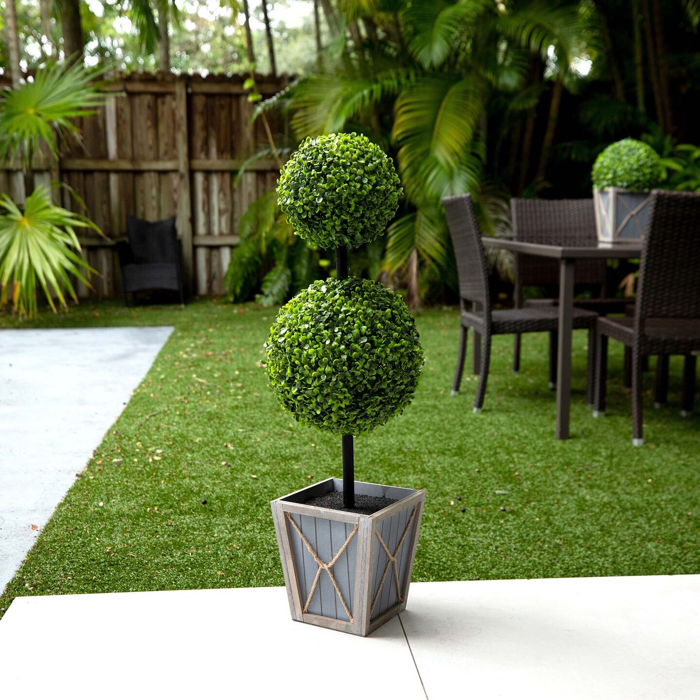 Nearly Natural Potted Double Ball Boxwood Artificial Topiary Tree - 3&#x27; - Clear LED Lights