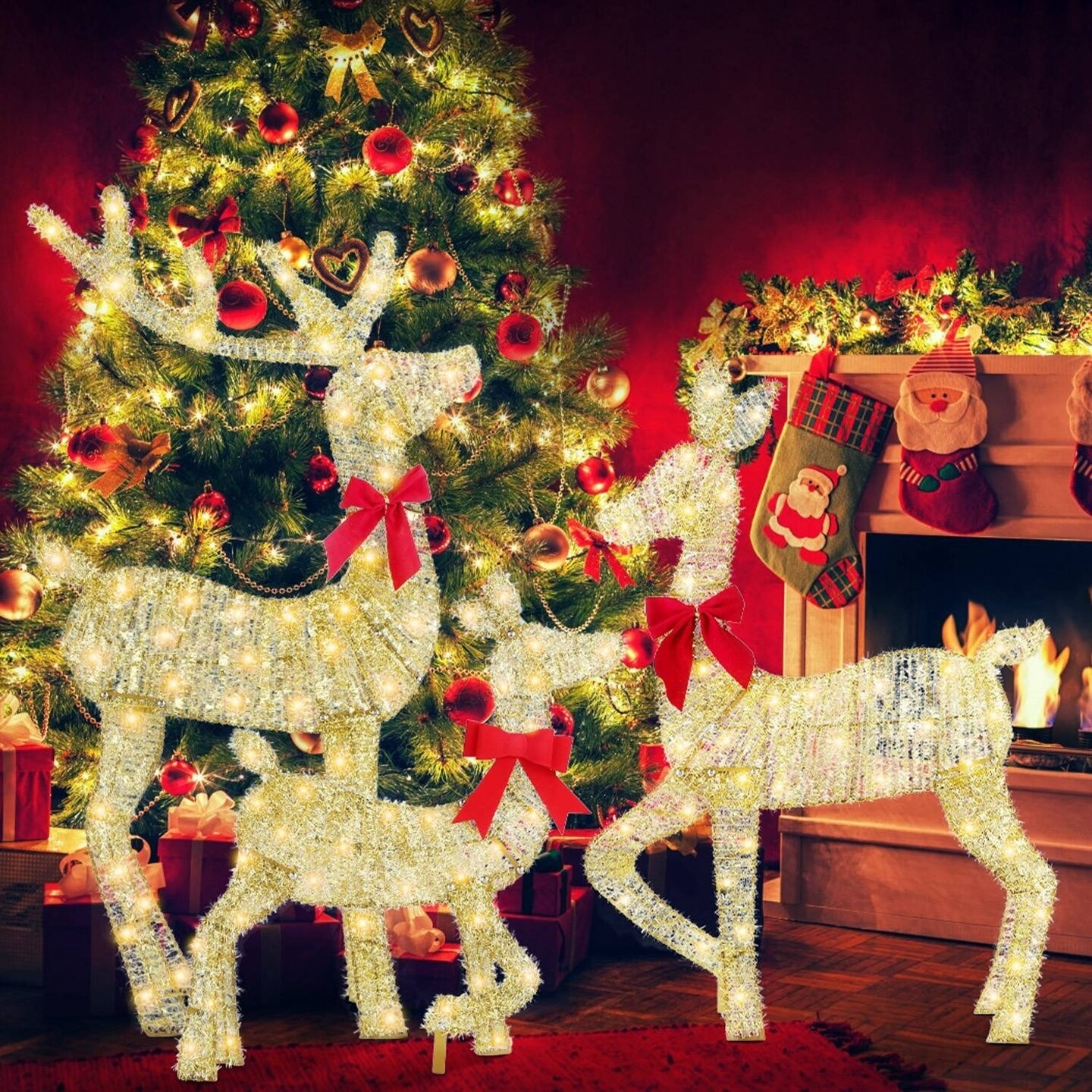 3 Pieces 2D Lighted Christmas Deer Family Set Indoor Outdoor Light Up Reindeer Decorations Lighted Buck Doe Fawn Display