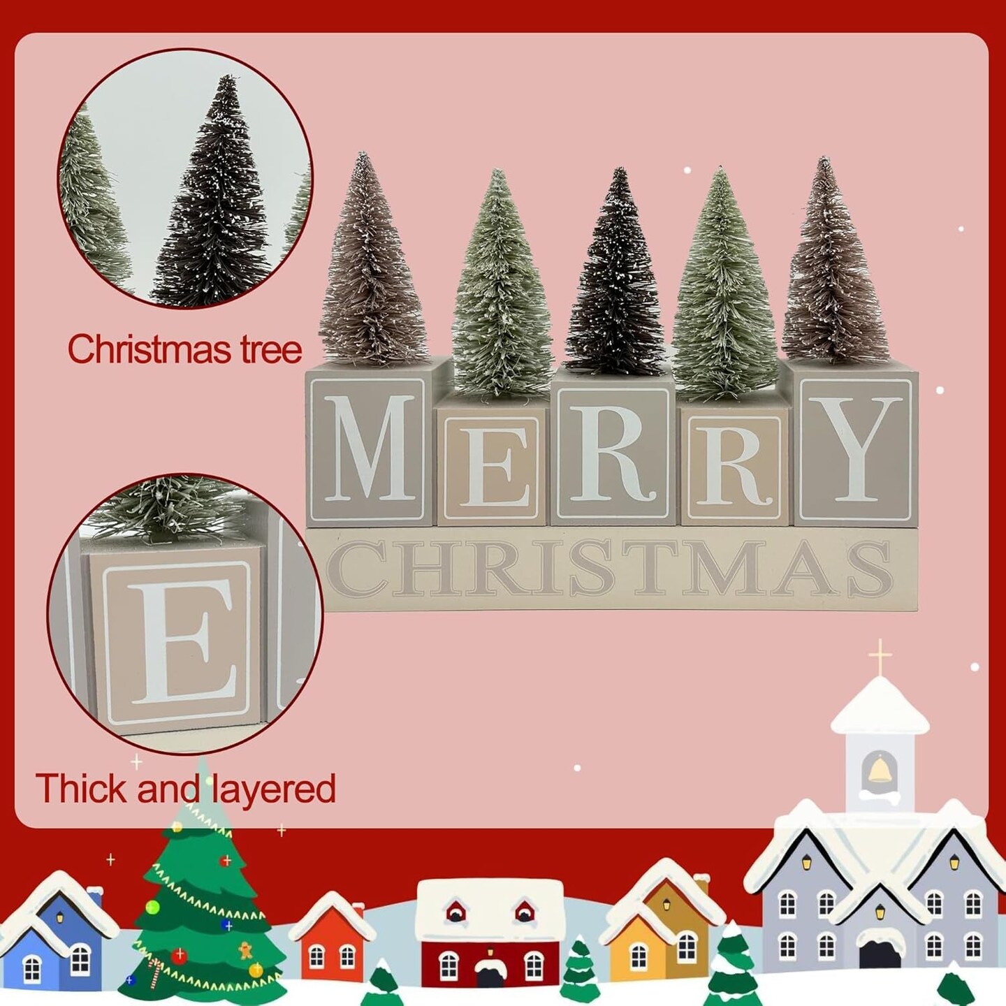 Christmas Decorations for Home Farmhouse Christmas Tree Decor Merry Christmas Sign Wooden Winter Rustic Block Vintage Holiday Tabletop for Kitchen Xmas Party Mantel Tiered Tray Gift