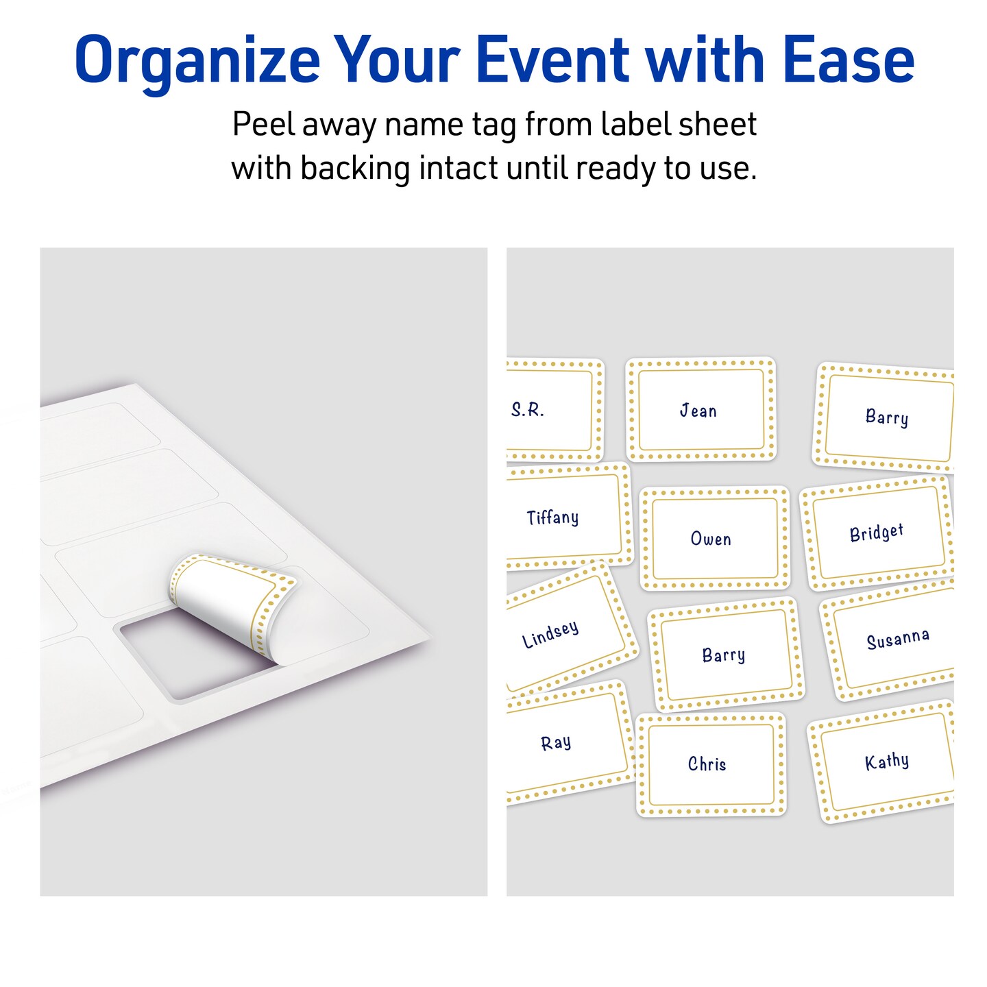 Avery&#xAE; Printable Rectangle Adhesive Name Tags, Gold Border with Gold Dots Design, 2-1/3&#x22; x 3-3/8&#x22;, Matte White Removable Name Tags, Laser/Inkjet, 80 Total, Great for Name Badges