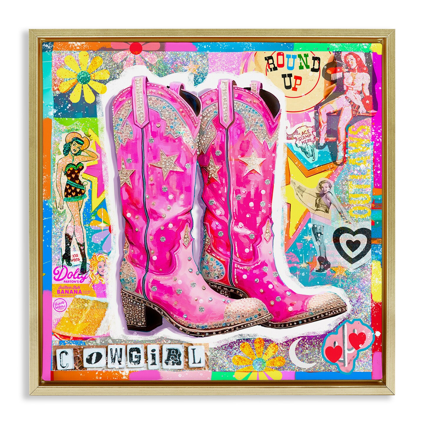 Stupell Industries Groovy Vintage Cowgirl Collage Framed Floater Canvas Wall Art Design by Jess Stempel