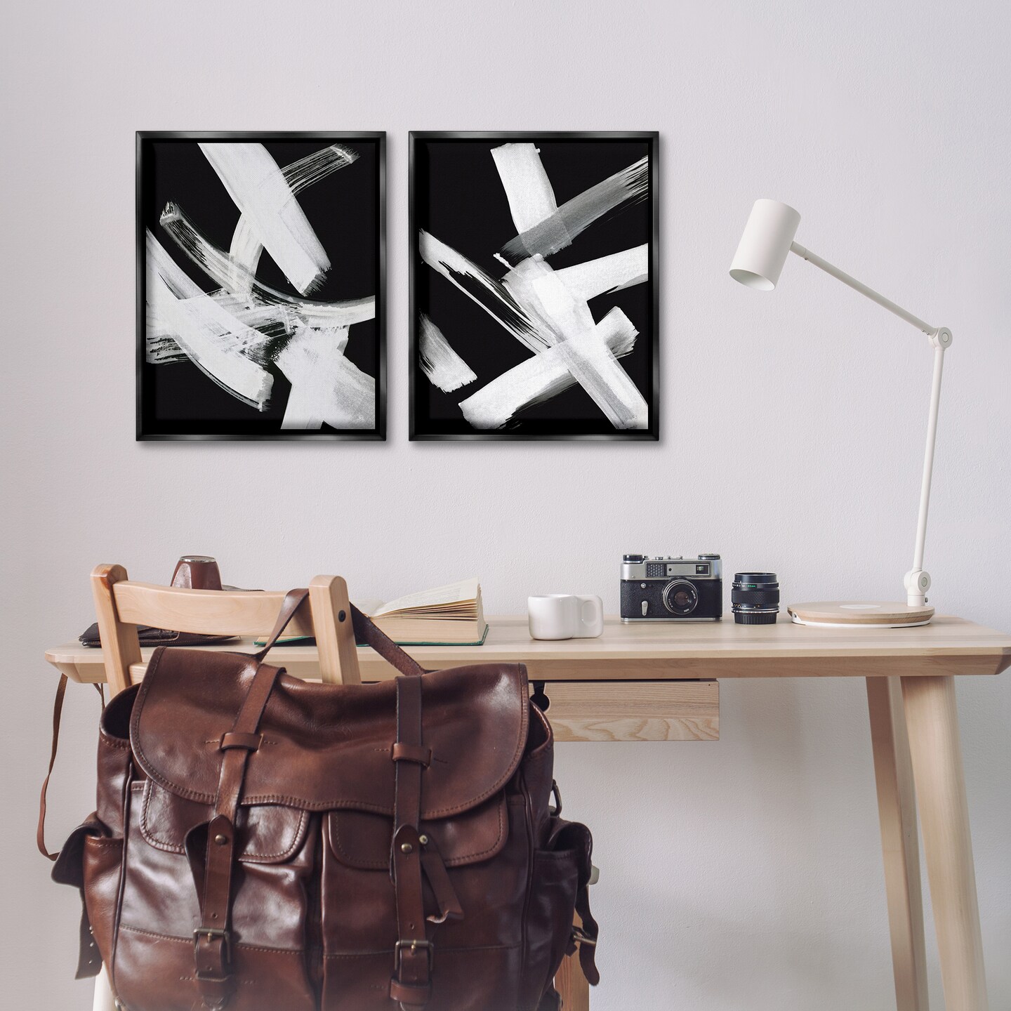 Stupell Industries Abstract Lines White on Black 2 pc Framed Floater Canvas Wall Art Set Design by Susan Jill