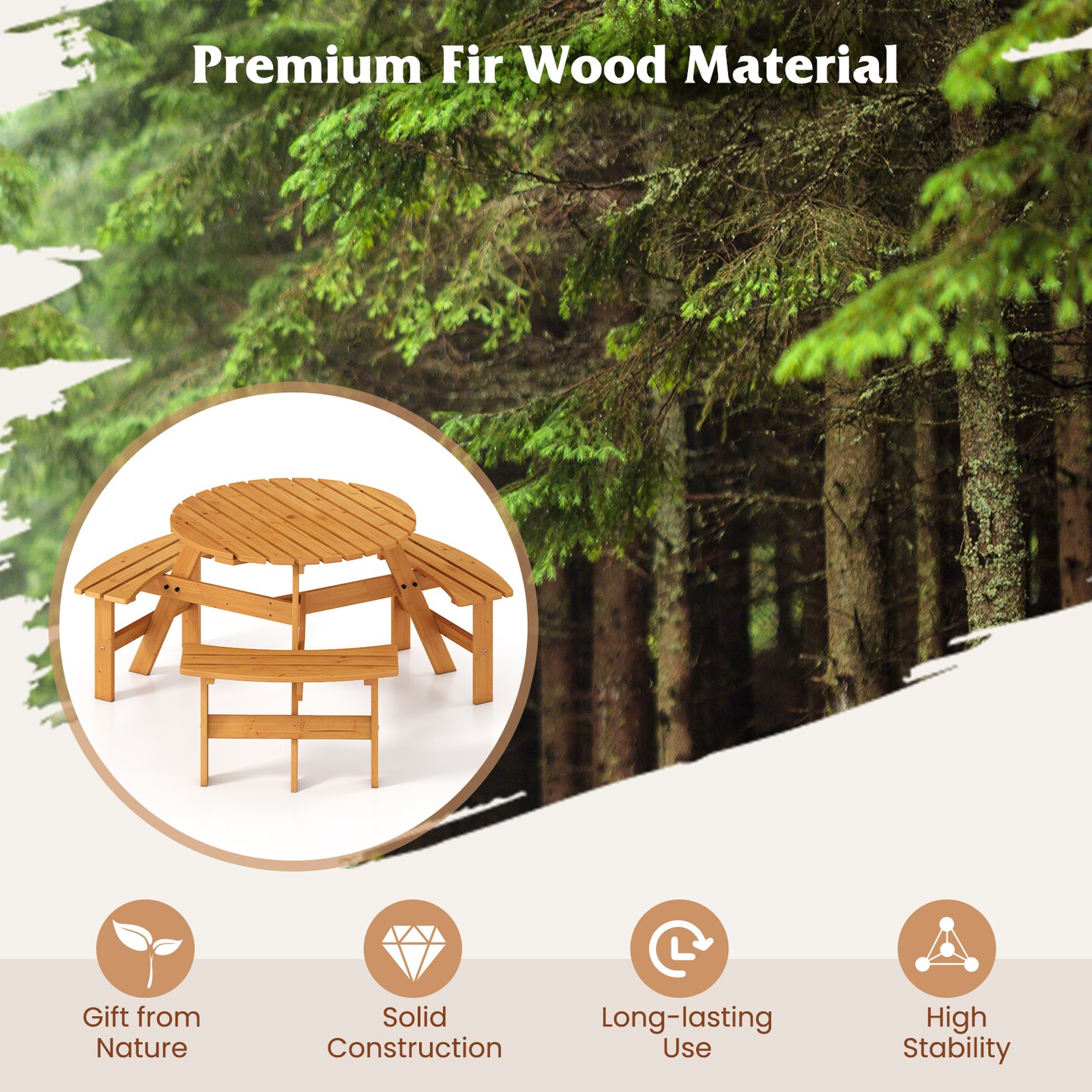Costway 6-Person Round Picnic Table Set with 3 Built-in Benches 2" Umbrella Hole, Brown/Yellow